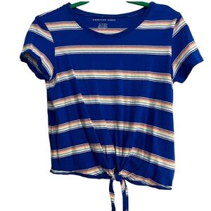 American Eagle Women’s Blue T-Shirt  with Rainbow Stripes and Front Tie XS